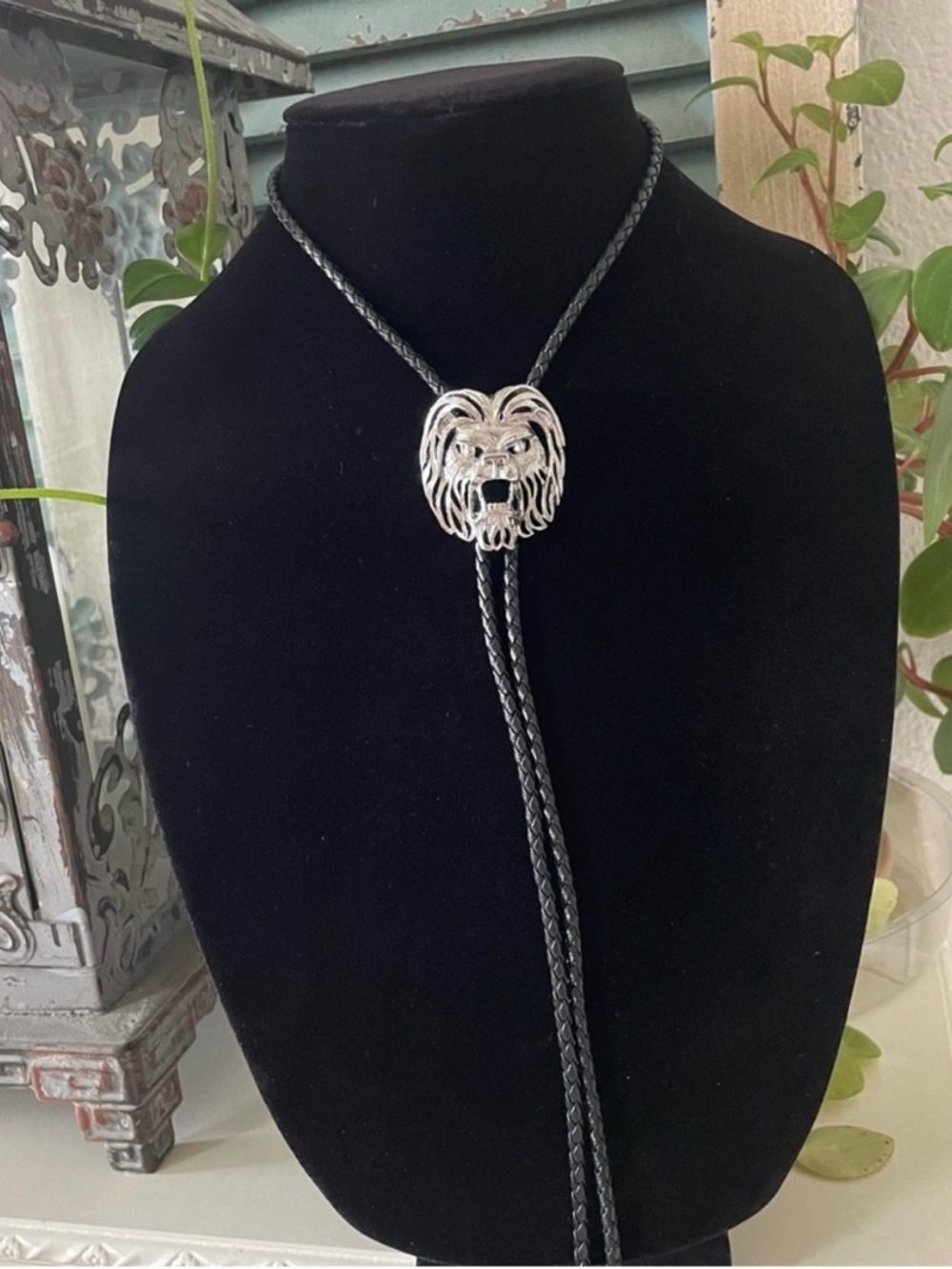 Silver Lion Head Bolo Tie with Black Braided Cord - NWOT